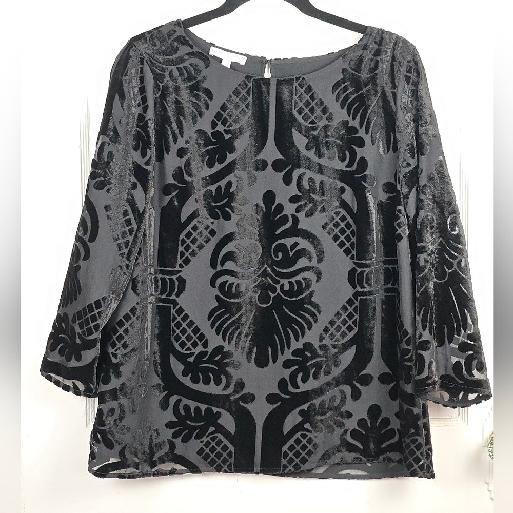 Talbots Black Velvet Flocked Top M